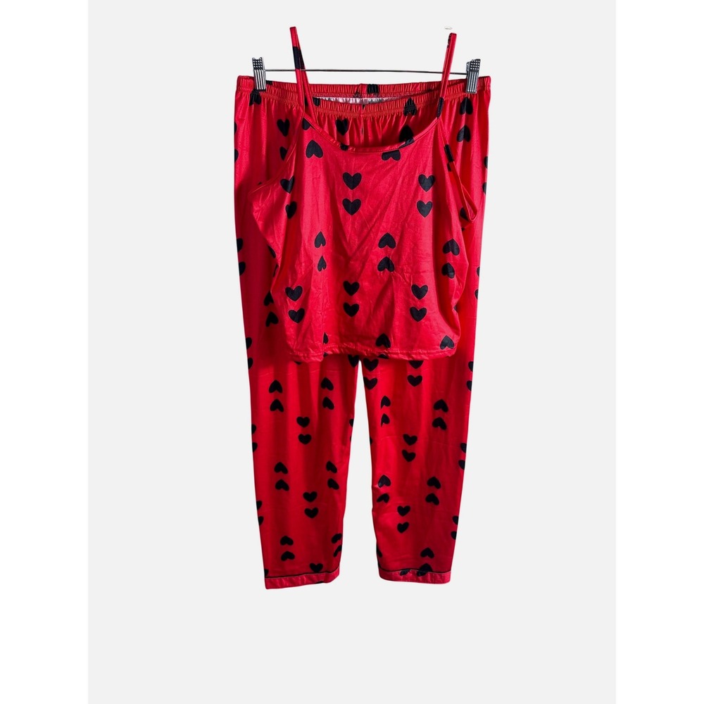 Unbranded Red Black Heart Print Satin Pajama Set Cami and Pants XL